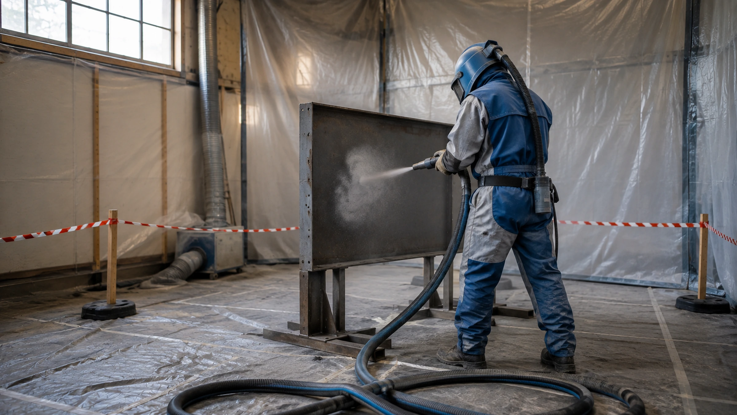 Opérateur protégé préparant par projection abrasive une pièce métallique dans une zone de travail confinée