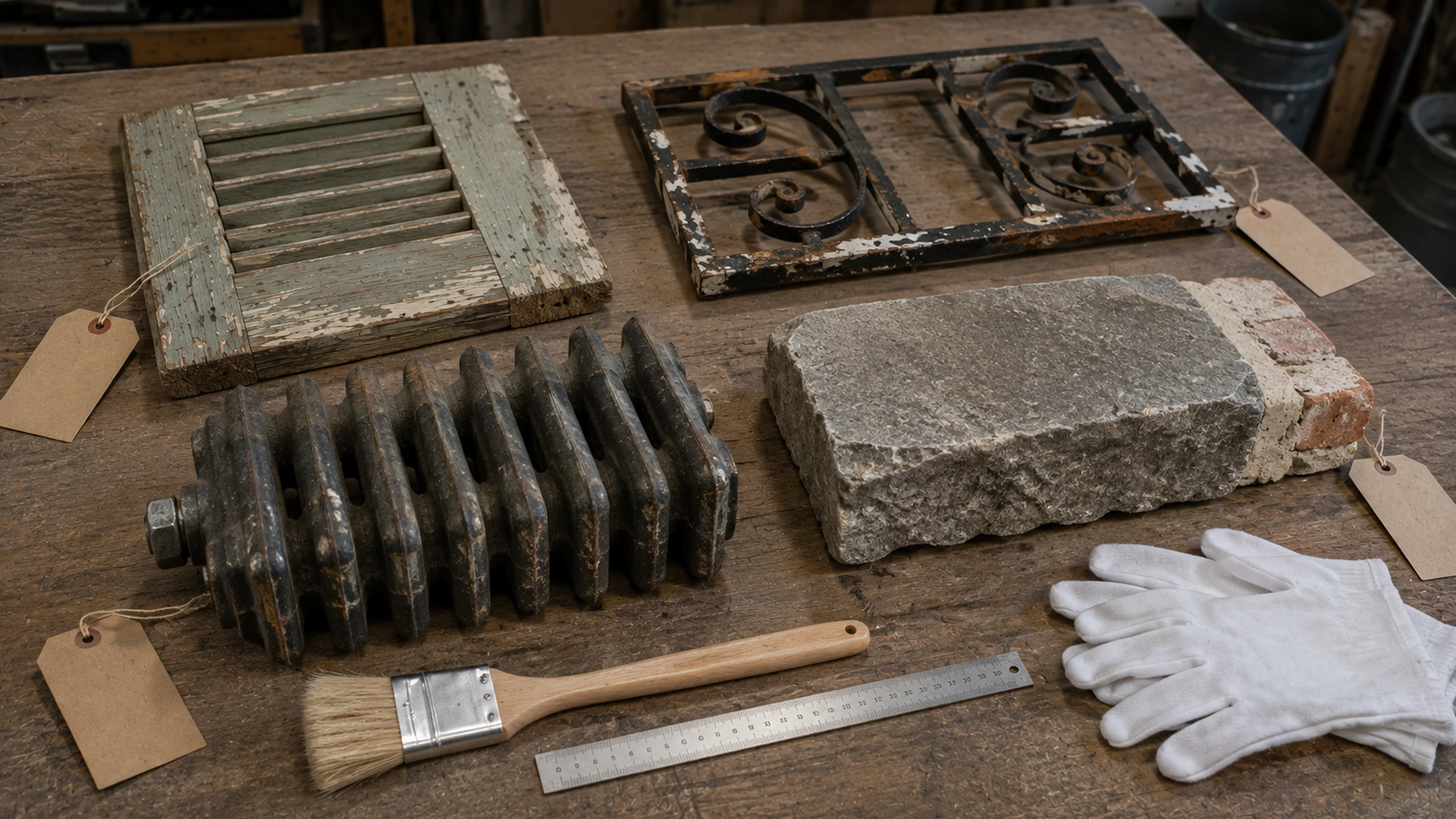 Échantillons de bois, métal peint, fonte et pierre examinés avant le choix d’une méthode de décapage